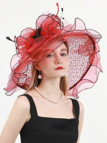 HIMESPORT Red Ladies Fascinator Hats Dots Wedding Bridal Kentucky Derby Hats For Women Flower Hats Large Wide Brim Fedora Organza Hat - Red - View 4