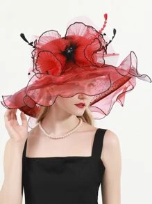 HIMESPORT Red Ladies Fascinator Hats Dots Wedding Bridal Kentucky Derby Hats For Women Flower Hats Large Wide Brim Fedora Organza Hat - Red - View 5