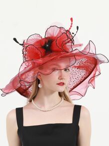 HIMESPORT Red Ladies Fascinator Hats Dots Wedding Bridal Kentucky Derby Hats For Women Flower Hats Large Wide Brim Fedora Organza Hat - Red - View 7