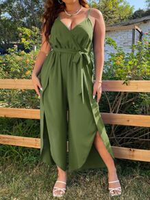 SHEIN LUNE Plus Split Thigh Belted Cami Jumpsuit - Army Green - View 1