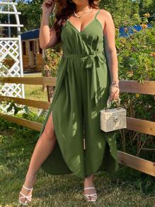 SHEIN LUNE Plus Split Thigh Belted Cami Jumpsuit - Army Green - View 3