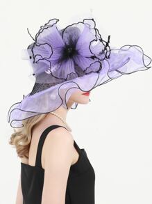 HIMESPORT 紫色女士花飾帽子,點綴著花朵的結婚肯塔基德比帽。大檐寬邊的絨布帽和襯有透明絲的有機襯衫
