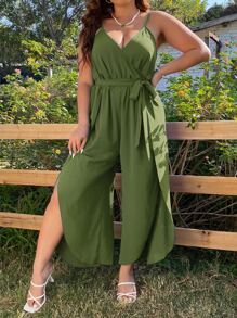 SHEIN LUNE Plus Split Thigh Belted Cami Jumpsuit - Army Green - View 5
