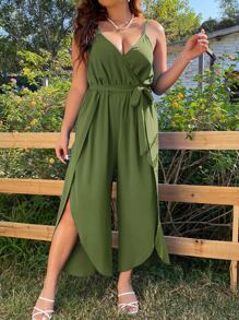 SHEIN LUNE Plus Split Thigh Belted Cami Jumpsuit - Army Green - View 6