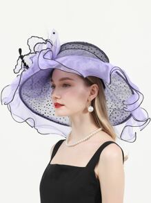 HIMESPORT 紫色女士花飾帽子,點綴著花朵的結婚肯塔基德比帽。大檐寬邊的絨布帽和襯有透明絲的有機襯衫