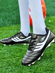 Hombres con patrón de rayas de color combinado Zapatos de fútbol con cordón delantero Zapatillas deportivas - Blanco y Negro - Ver 3