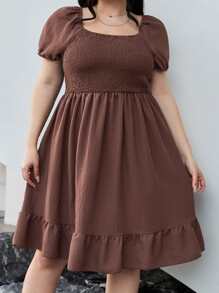 CovetEZ Vestido de manga farol bajo con fruncido - Óxido marrón - Ver 4