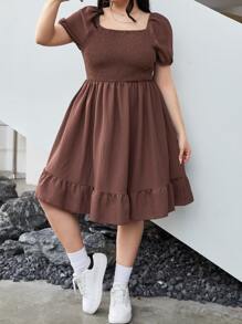 CovetEZ Vestido de manga farol bajo con fruncido - Óxido marrón - Ver 5