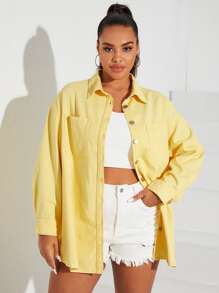 SHEIN EZwear Plus Drop Shoulder Pocket Patched Denim Coat - Yellow - View 1