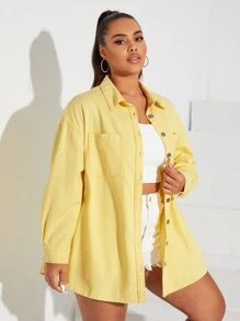 SHEIN EZwear Plus Drop Shoulder Pocket Patched Denim Coat - Yellow - View 3