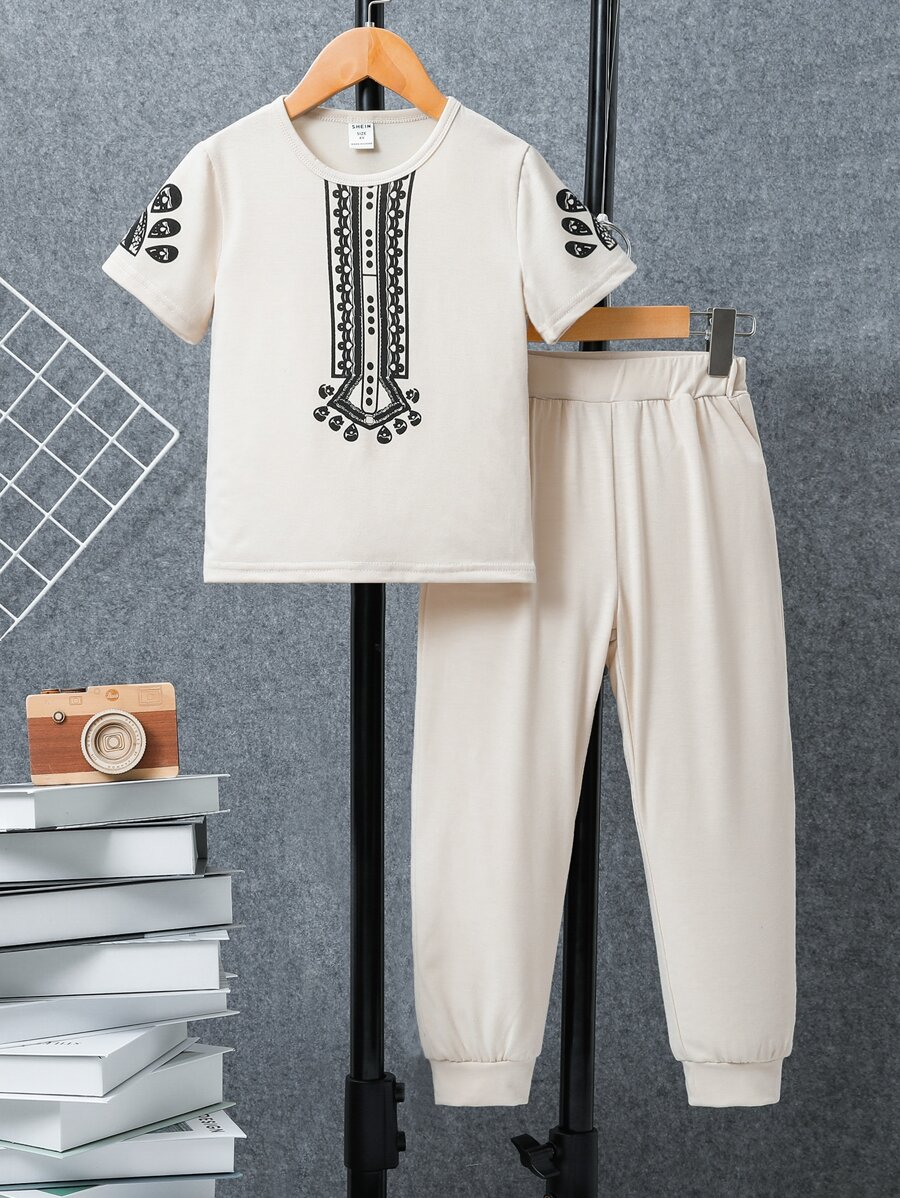 SHEIN Toddler Boys Geo Print Tee & Joggers - Apricot - View 1