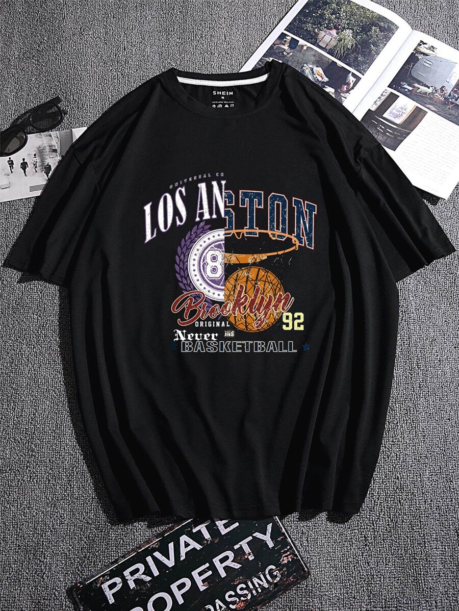 Men Basketball And Letter Graphic Tee - Black - View 1