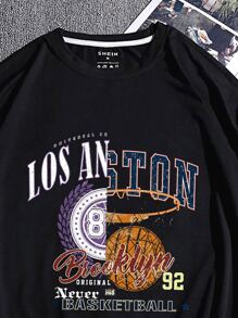 Men Basketball And Letter Graphic Tee - Black - View 3