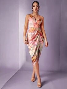 Silquee Tie Dye One Shoulder Ruched Split Thigh Satin Dress - Multicolor - View 3