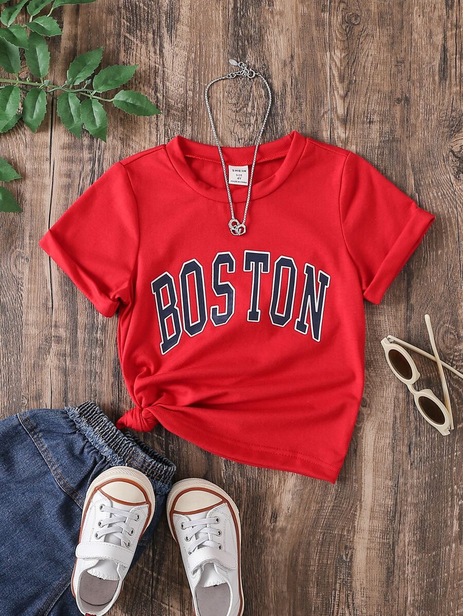 女小童休閒字母圖案圓領短袖T恤,合適適合夏天 - 紅色 - 查看 1