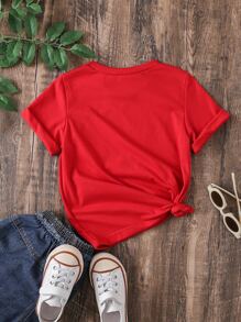 女小童休閒字母圖案圓領短袖T恤,合適適合夏天 - 紅色 - 查看 2