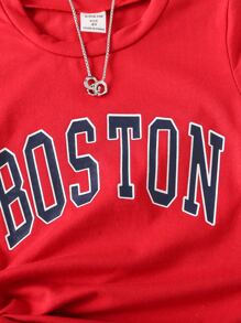 女小童休閒字母圖案圓領短袖T恤,合適適合夏天 - 紅色 - 查看 3