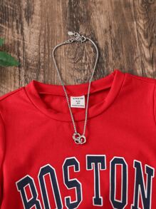 女小童休閒字母圖案圓領短袖T恤,合適適合夏天 - 紅色 - 查看 4