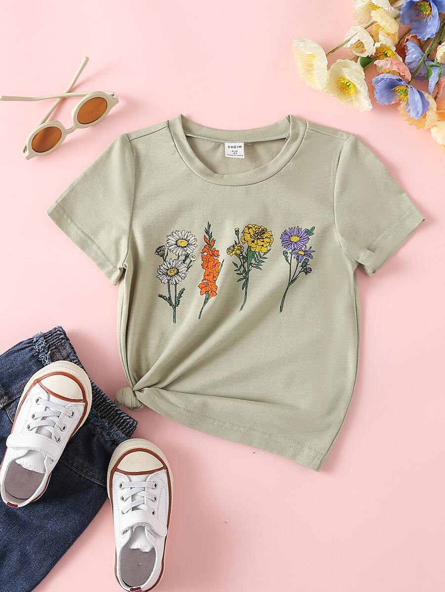 SHEIN 女小童可愛休閒短袖T恤帶植物印花適合夏天