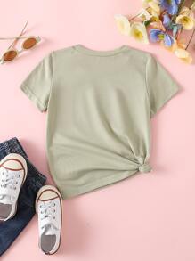 SHEIN 女小童可愛休閒短袖T恤帶植物印花適合夏天