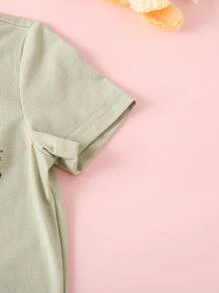 SHEIN 女小童可愛休閒短袖T恤帶植物印花適合夏天