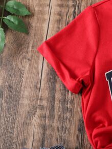 女小童休閒字母圖案圓領短袖T恤,合適適合夏天 - 紅色 - 查看 5