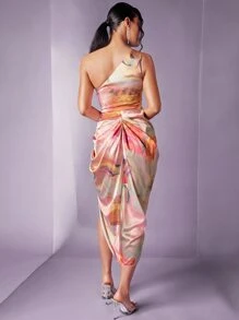 Silquee Tie Dye One Shoulder Ruched Split Thigh Satin Dress - Multicolor - View 7