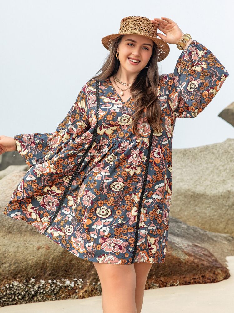 Rusttydustty Váy ngắn tay đèn lồng cổ chữ V in họa tiết cây nhiệt đới nhiều màu cỡ lớn dành cho nữ, trang phục bãi biển Phục sinh theo phong cách Boho, lễ hội âm nhạc Hawaii, kỳ nghỉ nhiệt đới - Nhiều màu - Xem 3