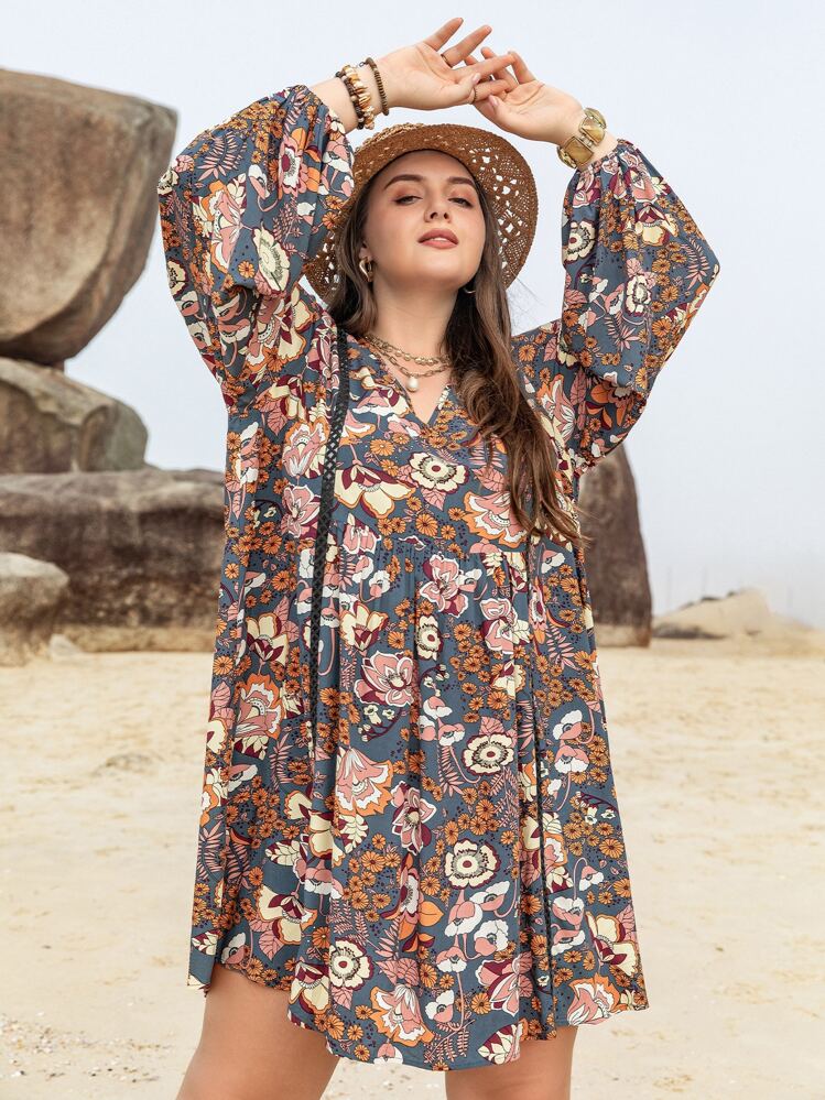 Rusttydustty Váy ngắn tay đèn lồng cổ chữ V in họa tiết cây nhiệt đới nhiều màu cỡ lớn dành cho nữ, trang phục bãi biển Phục sinh theo phong cách Boho, lễ hội âm nhạc Hawaii, kỳ nghỉ nhiệt đới - Nhiều màu - Xem 1