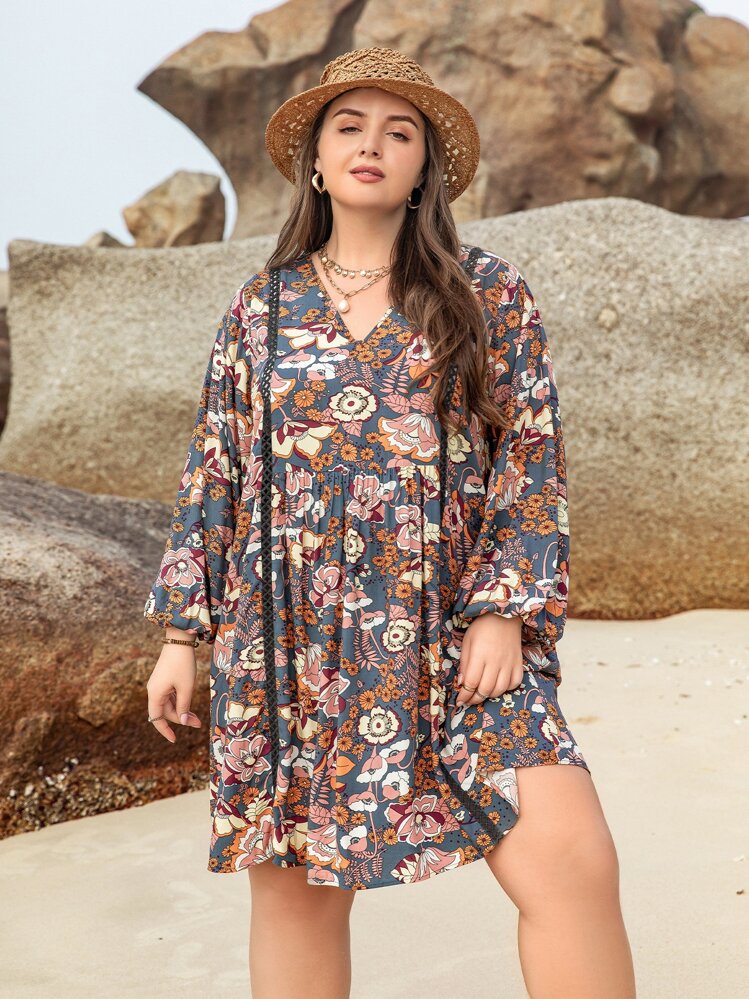 Rusttydustty Váy ngắn tay đèn lồng cổ chữ V in họa tiết cây nhiệt đới nhiều màu cỡ lớn dành cho nữ, trang phục bãi biển Phục sinh theo phong cách Boho, lễ hội âm nhạc Hawaii, kỳ nghỉ nhiệt đới - Nhiều màu - Xem 5