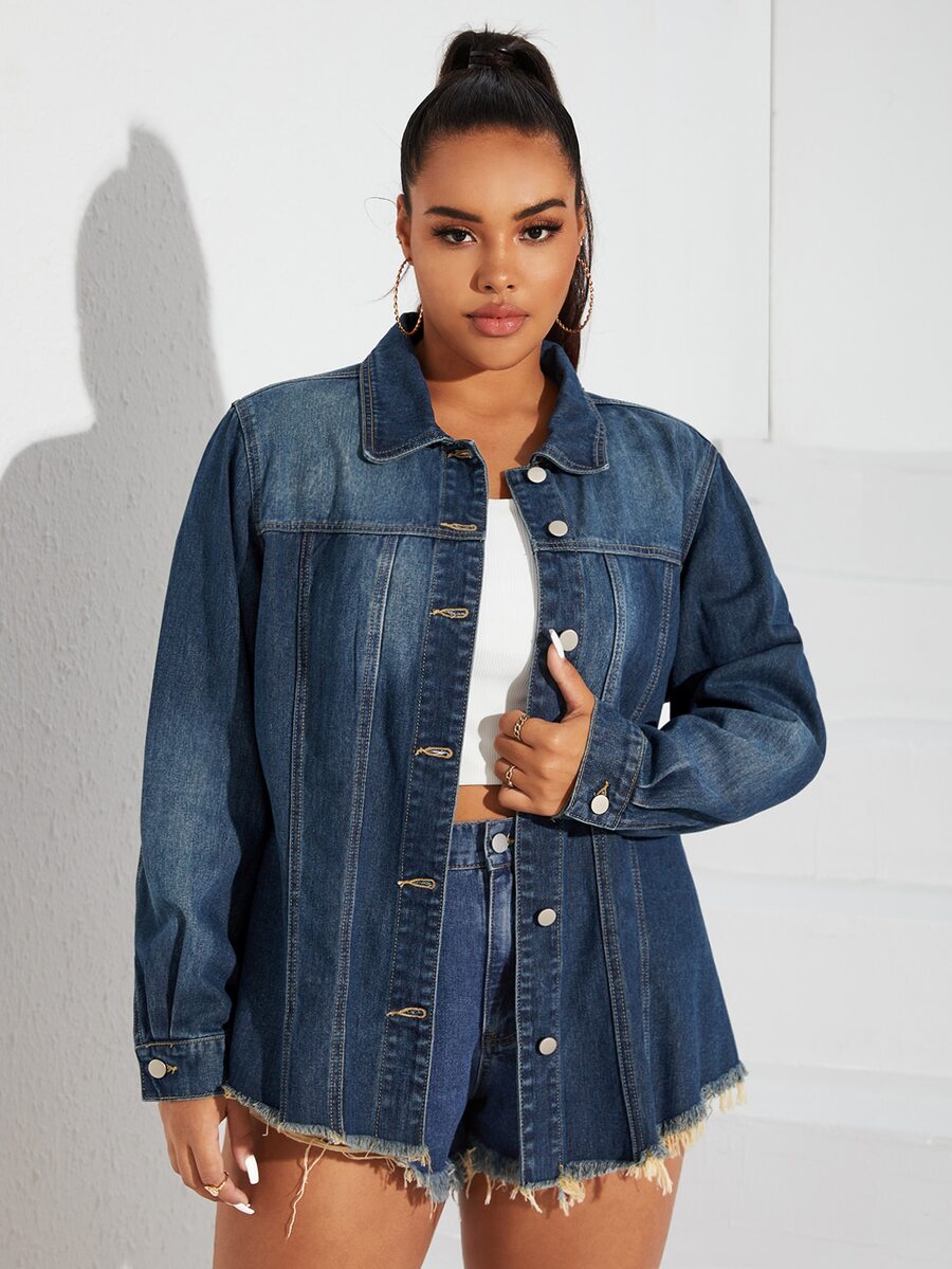 Plus Raw Hem Button Front Denim Coat - Dark Wash - View 1