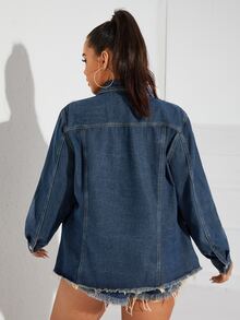 Plus Raw Hem Button Front Denim Coat - Dark Wash - View 2