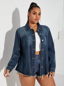 Plus Raw Hem Button Front Denim Coat - Dark Wash - View 3