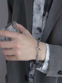 時尚流行男士簡約分層OT扣手鍊不銹鋼珠寶禮物和時尚外觀 - 銀色 - 查看 1