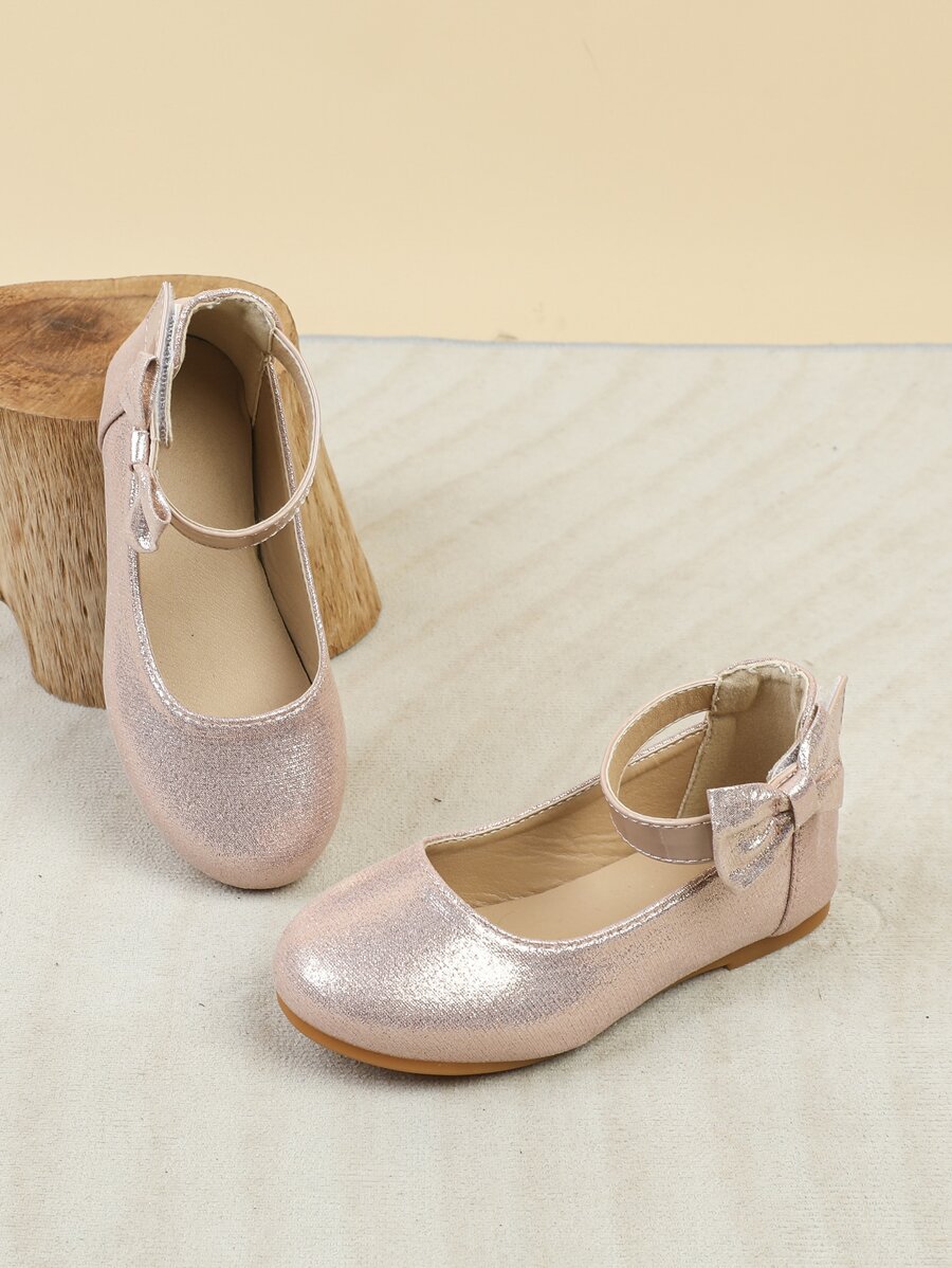 Girls Bow Decor Ankle Strap Flats Polyester Flats Pink - Pink - View 1