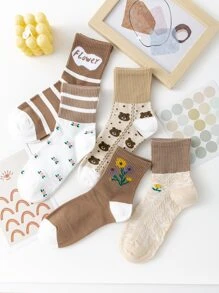 5pairs Floral & Striped Pattern Crew Socks - View 1