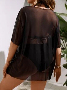 Swim Lushoire Summer Beach Plus Tropical & Letter Graphic Drop Shoulder Mesh Cover Up Dress Without Bikini Set - Black - View 2