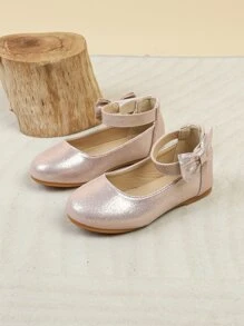 Girls Bow Decor Ankle Strap Flats Polyester Flats Pink - Pink - View 3