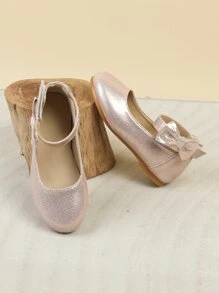 Girls Bow Decor Ankle Strap Flats Polyester Flats Pink - Pink - View 4