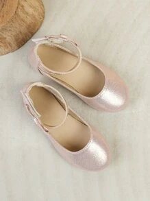 Girls Bow Decor Ankle Strap Flats Polyester Flats Pink - Pink - View 5