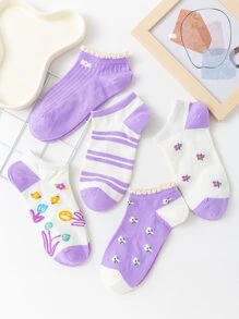 5 pares Calcetines tobilleros con patrón floral de rayas - Ver 1