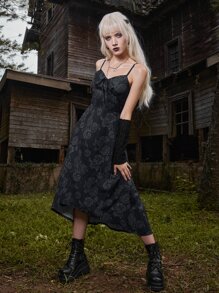 ROMWE Goth Đầm Bất đối xứng Thắt nút Thắt nơ trước Hoa Boho - màu đen - Xem 1