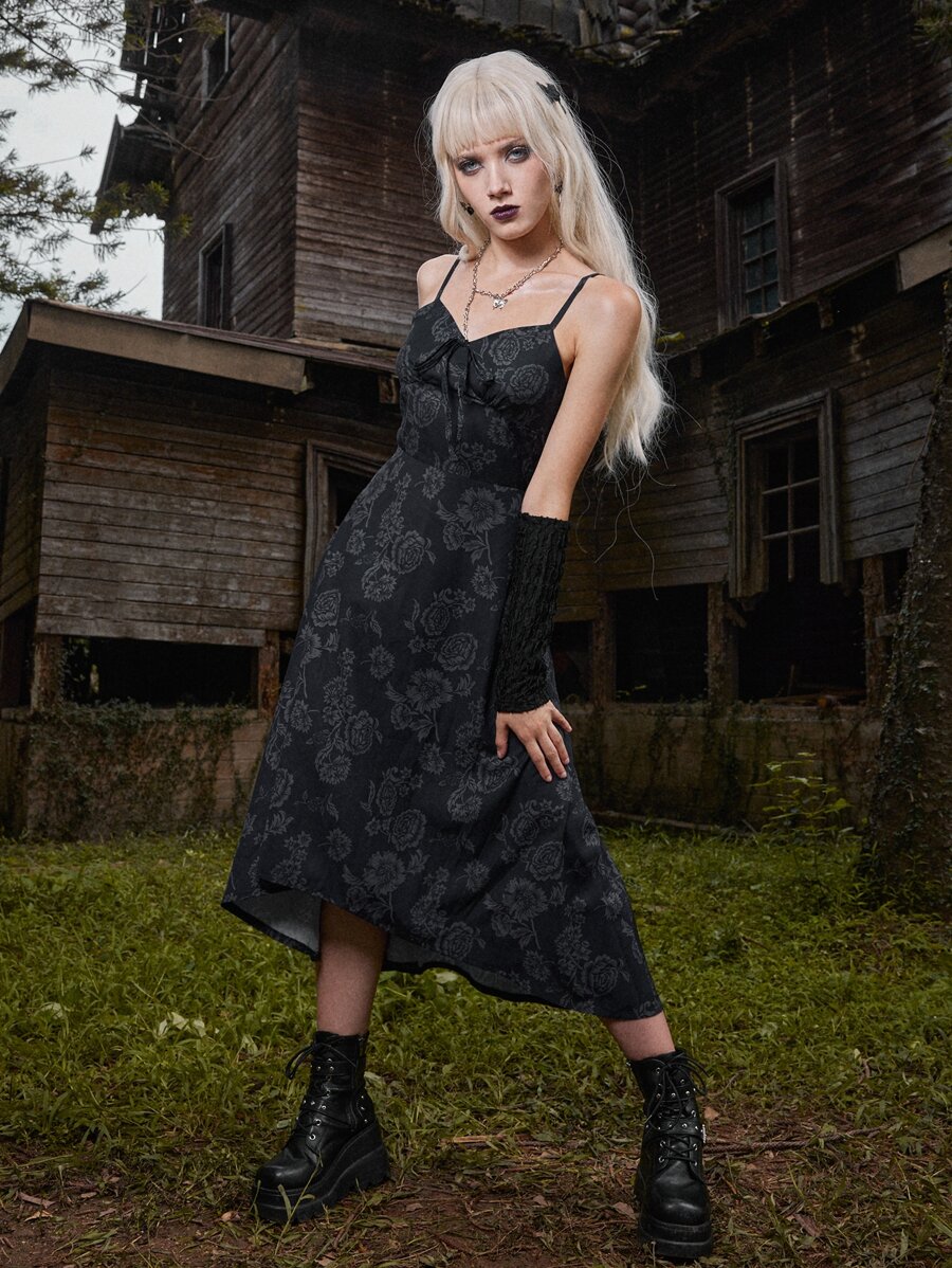 ROMWE Goth Đầm Bất đối xứng Thắt nút Thắt nơ trước Hoa Boho - màu đen - Xem 1