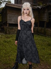 ROMWE Goth Đầm Bất đối xứng Thắt nút Thắt nơ trước Hoa Boho - màu đen - Xem 2