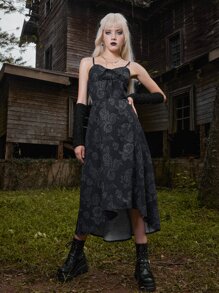 ROMWE Goth Đầm Bất đối xứng Thắt nút Thắt nơ trước Hoa Boho - màu đen - Xem 4