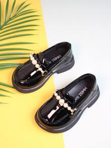 女孩仿麂皮裝飾樂福鞋人造皮革平底鞋黑色