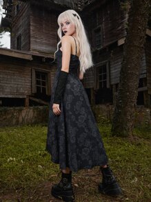 ROMWE Goth Đầm Bất đối xứng Thắt nút Thắt nơ trước Hoa Boho - màu đen - Xem 6