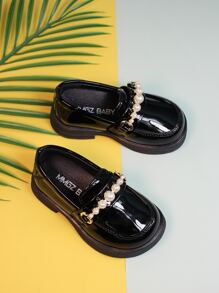 女孩仿麂皮裝飾樂福鞋人造皮革平底鞋黑色