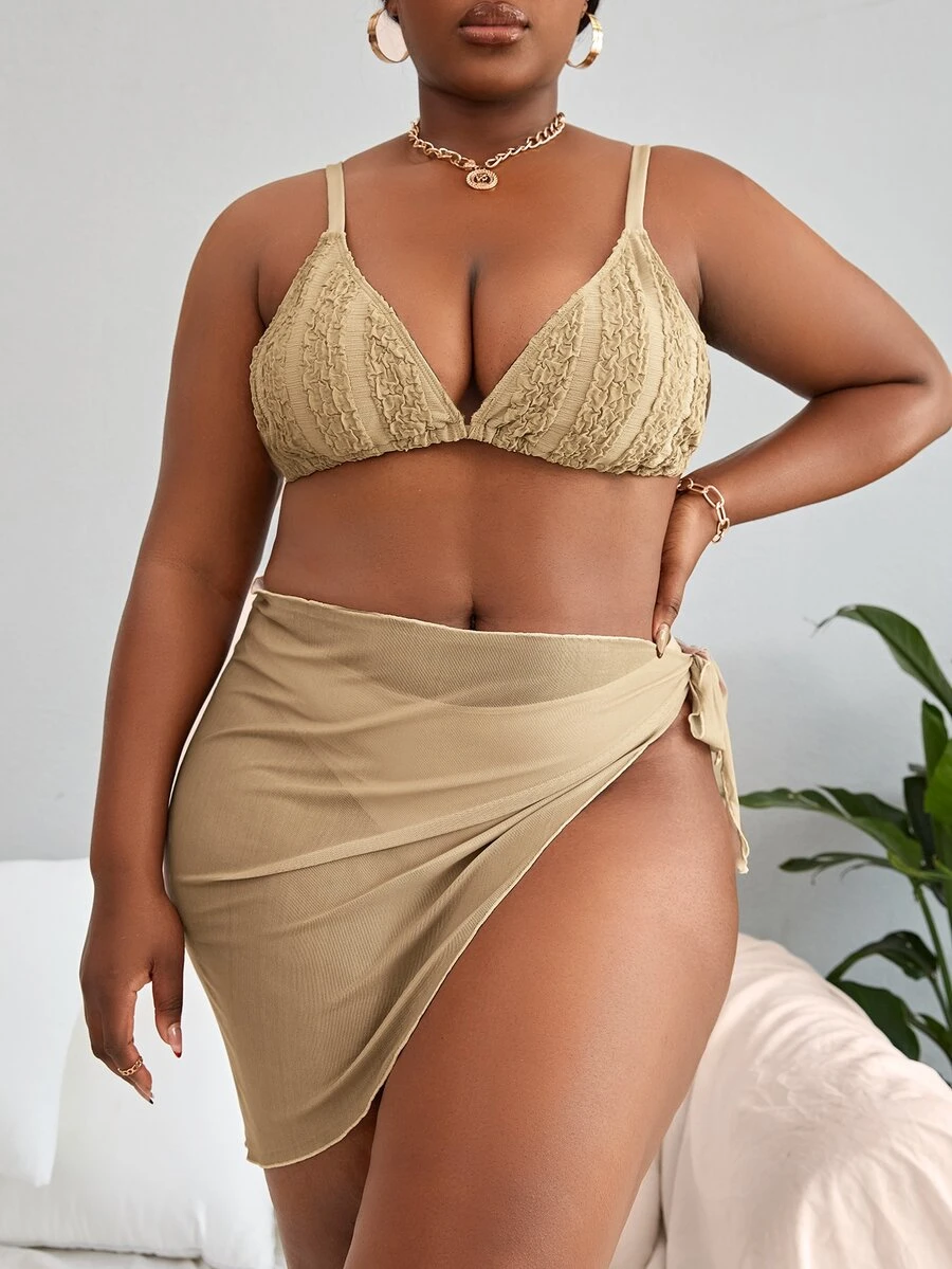 Plus Size Plain Triangle Bikini Set With Beach Skirt Summer Beach - Khaki - View 1