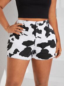 SHEIN EZwear Quần short denim oversized Nút Túi Dây kéo Hem thô Thú vật - Đen và trắng - Xem 2